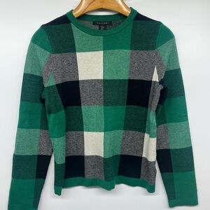 Tahari Sweater Pullover Green Plaid Crew Neck Long Sleeve Holiday Women's Medium
